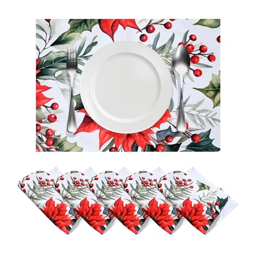 Image of Dining Table Mats Set of 6 - Red Flower Chritmas Magic Theme,Digital Print, Washable, Indoor /Outdoor, Heat-Proof, Wipe & Clean (47X33 cm) Red & Green