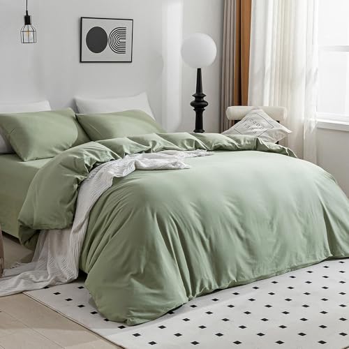Image of JELLYMONI Light Green Duvet Cover Full Size - 100% Washed Cotton Linen Like Textured Comforter Cover, 3 Pieces Breathable Soft Bedding Set with Zipper Closure (Light Green, Full 80 inchx90 inch)
