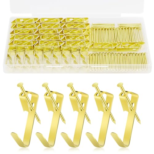 80 Piezas Perchas para cuadros con clavos, Soporta hasta 30 libras, Juego de Marco de Fotos Ganchos, para Colgar Fotos, lienzo, reloj, espejo, cuadros de oficina, oro