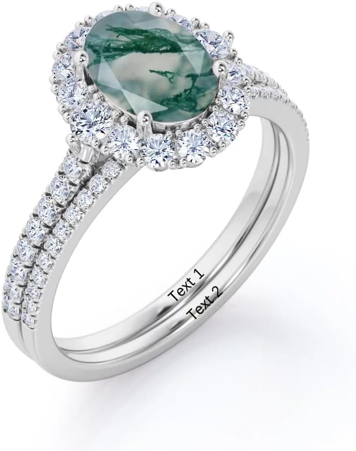 Natural Moss Agate Ring Set 925 Sterling Silver 10K 14K 18K Gold Moss Agate Engagement Rings Sets for Women Birthday Mother's Day Jewelry Gifts for Her Mom Wife Lady Girl