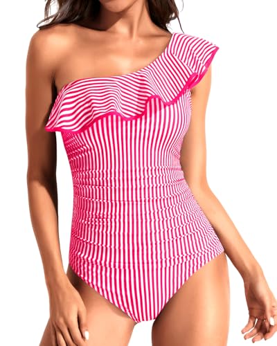 Image of Tempt Me Women One Piece Swimsuits Tummy Control One Shoulder Bathing Suits Ruffle Swimwear