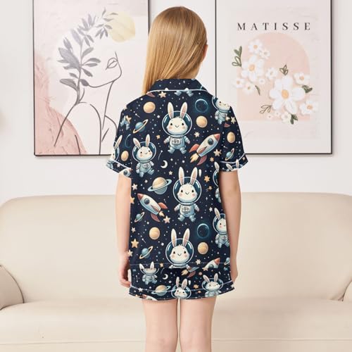 ALAZA Cute Bunny Spaceship Space Starry Pajamas Satin Pajama Set Short Sleeve Button Down Sleepwear4