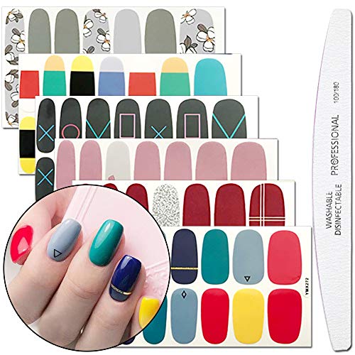 WOKOTO 6 Sheets Christmas Adhesive Nail Art Polish Sticker Strips With 1Pcs Nail File Colorful Nail Wraps Decals Manicure Kits