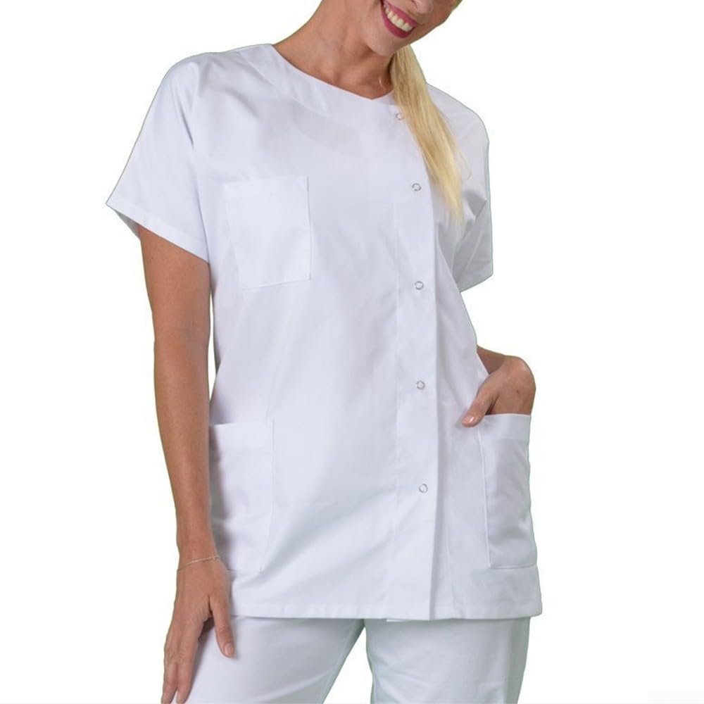 Blouse de laboratoire blanche à manches courtes, haut uniforme en coton mélangé, robe de travail, haut unisexe sans col, tunique grande taille XXS 6XL, vêtements pour le personnel hospitalier,