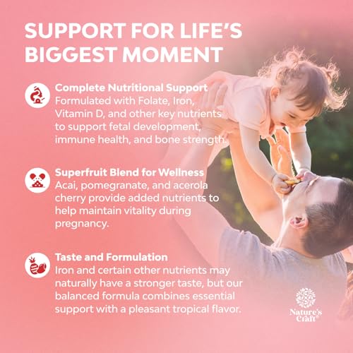 Image of Natures Craft Vegan Prenatal Gummies for Women - Gummy Prenatal Vitamins for Women with Iron Folic Acid and Superfruit Blend - Chewable Vitamins Gummy Formula (Pineapple & Mango Flavor) - 60 Count