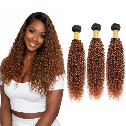 Jerry Curly Human Hair Bundles 16 18 20 Inch 3 Bundles Ombre Brown Highlight T1B/30 Soft Springy Bouncy Voluminous Hair Extensions for Women