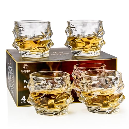 GLASKEY 12 oz Hand Blown Crystal Whiskey Glasses Set of 4, Unique Cognac Glass, Heavy Thick Bottom Bar Glass for Scotch Bourbon Rum Gin Water Cocktail,Gifts Men Gifts Ideas
