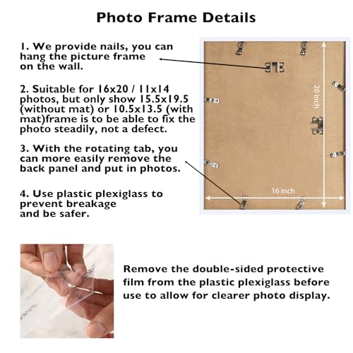 Image of JCJMY 16x20 Picture Frame with 11x14 Mat, Display Photo 11x14 with Mat or 16 x 20 Without Mat, Wall Hanging Large 16 by 20 Poster Frame with Plexiglass, White