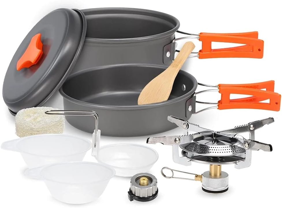 Lightweight Aluminum Alloy Camping Pot Hiking Picnic Tourist Tableware Set Outdoor Stove Pot Pan Plastic Bowl Outdoor Cookware(Color:E)