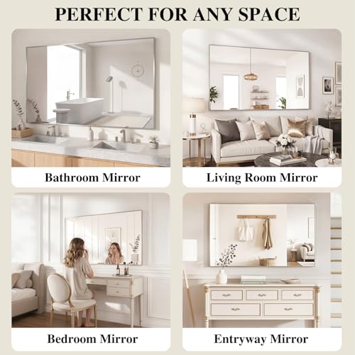 Image of Koonmi Silver Rectangle Wall Mirror, 26x38 Inch Bathroom Mirror, Aluminum Frame Vanity Mirror for Entryway, Living Room, Bedroom Bathroom, Hangs Horizontally or Vertically