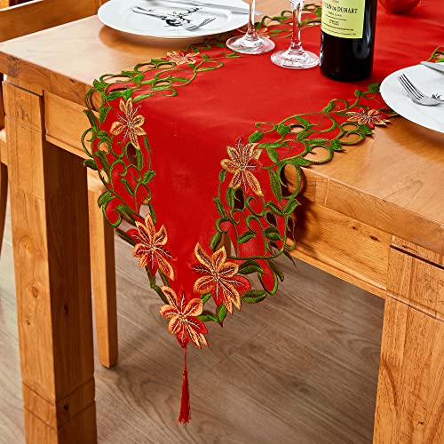 Amared Christmas Embroidered Table Runner Cutwork Green Leaves Holiday Table Linens For Christmas Decorations 15X69 Inch thumb #1