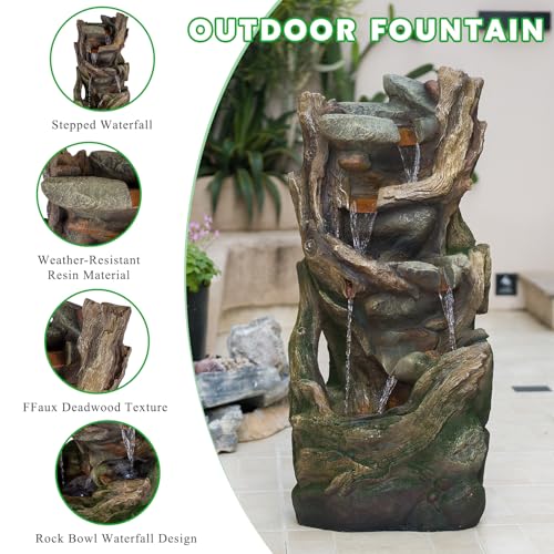 Image of Driftwood Rock Outdoor Water Fountain, Resin with LED, 38.6 in | Cascading waterfall, mimics driftwood & river rock, fitted with pump, indoor & outdoor decor for garden, patio and yard