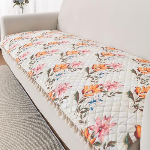Image of HOKIPO Painterly Floral Quilted Sofa Cover Mat for 3 Seater Sofa with Tassels 'Tassel Twigs' Series (IN-985-T8)