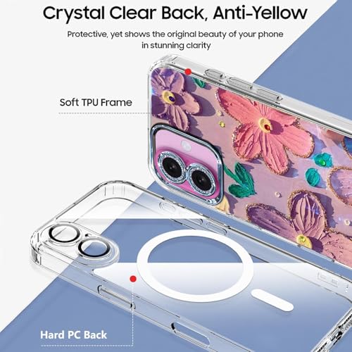 Image of VONZEE Laser Flower Case Compatible with iPhone 16, Colorful Oil Painting Design, Shockproof PC+TPU Hybrid Cover, Full Camera Protection Glossy Cute Protective Case for Women & Girls, Pink & Purple