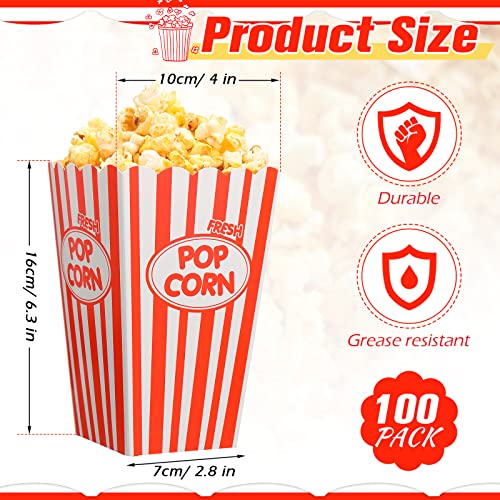 Image of Xinnun 100 Pcs Popcorn Boxes 32 oz Classic Stripe Paper Popcorn Buckets Bulk Disposable Oil Proof Container Vintage Retro Open Top Holders for Movie Night Supply Theater Carnival Party(Red)