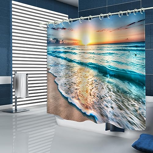 Image of LYFANS Shower Curtains Waterproof Polyester Fabric,Large Width Bright Partition Curtain with Sunrise Beach Print,Shower Curtain Liner for Bathtub Bathroom with 12 White Hooks (72 x72 inches)