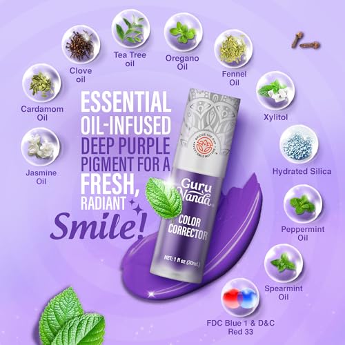 gurunanda purple color corrector serum fluoride-free amp gentle instant teeth whitening with essential oils up to 50 uses 2 pack