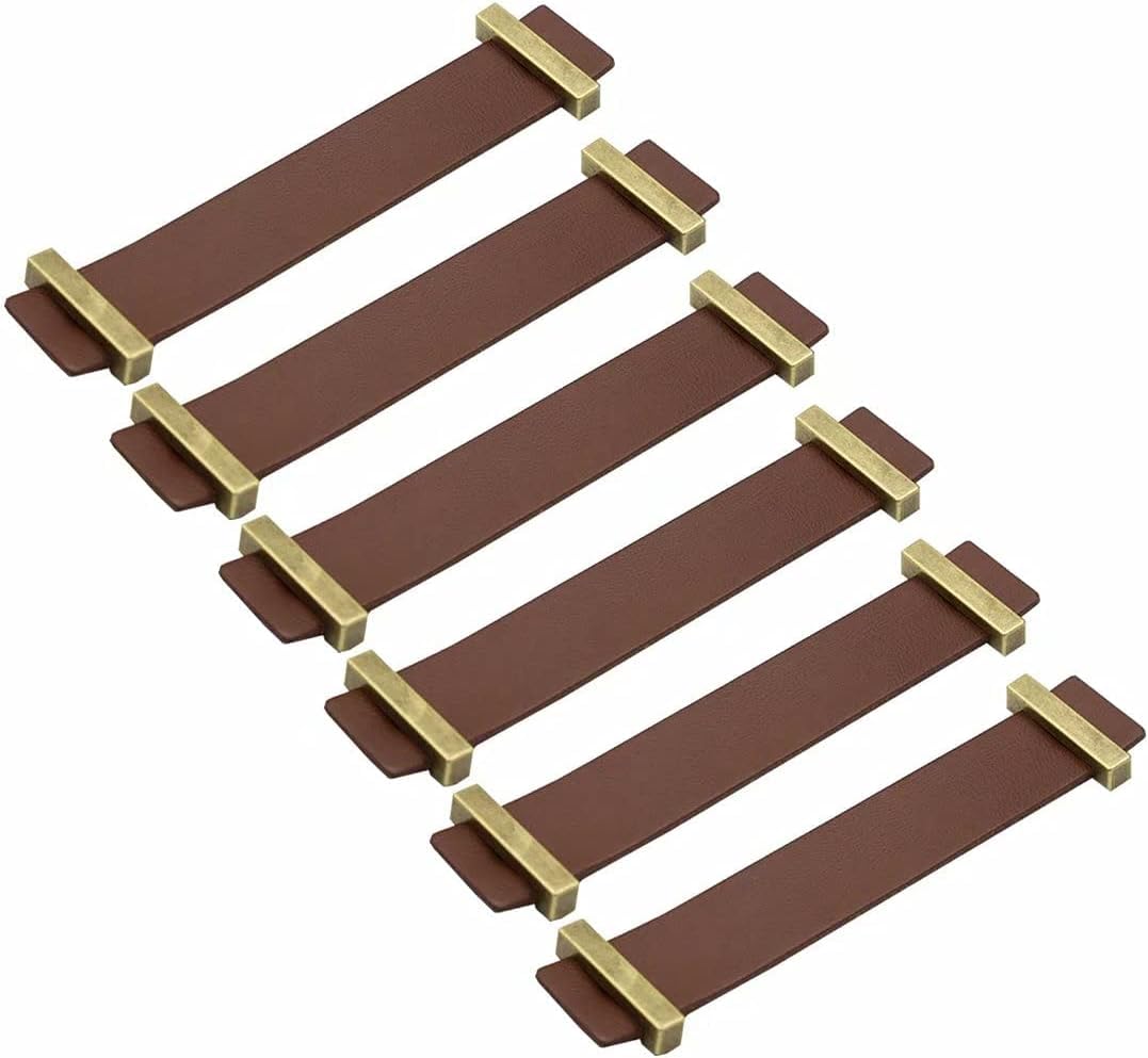 KUAYEOCF 6 Pcs Zinc Alloy Handmade Leather Cabinet Dresser Handles Drawer Pulls Furniture(Dark Brown,Hole Distance 128 mm)