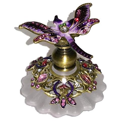 Welforth Jeweled Purple Dragonfly Enamel Round Crystal Ornate Perfume Bottle Cover