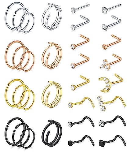 MODRSA 20g Nose Rings Hoops Nose Studs for Women Surgical Steel Hypoallergenic 20 Gauge Nostril Piercing Jewelry L Shape Crokscrew Silver Rose Gold Black Hoop Nostril Rings for Men