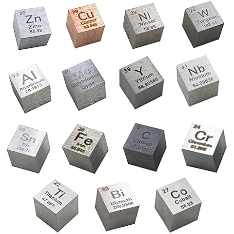 GOONSDS Elementwürfel - Set Von 15 Cubest Metalldichte Enthält Zink Zinn Kupfer Eisen Aluminium Kohlenstoff Titan Nickel Molybdän Wismut Wolfram Kobalt Chrom Niob Yttrium Cover