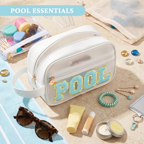 Image of COSHAYSOO Clear POOL Makeup Bag Small Travel Pouch for Women Teenager Girls Pool Accessories Stuff Organizer Preppy Chenille Letter Patch Summer Girly Things