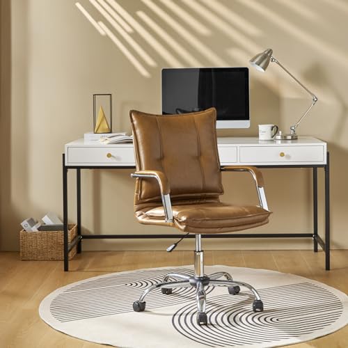 HULALA HOME Faux Leather Home Office Desk Chair, Adjustable Swivel Computer Chair with Sliver Legs and Arms, Comfy Upholstered Task Chair(Camel)