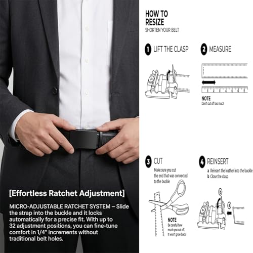 Image of JINIU Men's Ratchet Belt Buckle, Black Genuine Leather Slide Belt for Men Dress Suit, Micro Adjustable Trim to Fit Boxed