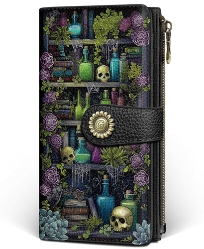GIANCOMICS Goth Book Shelf Womens Wallet RFID Blocking Gothic Skull Witchy Credit Card Holder Bifold PU Leather Travel Billfold Long Cute Cash Purse Zipper Coin Pocket Clutch Ladies Gift Woman
