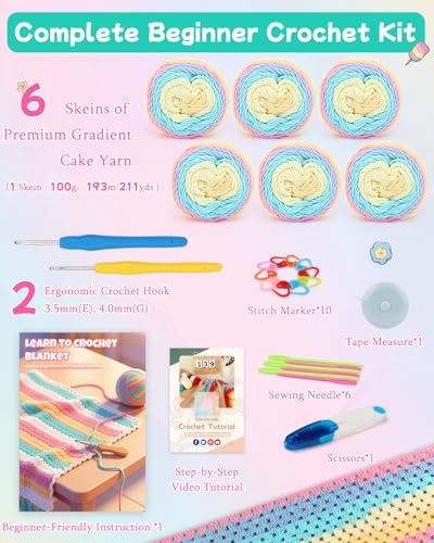 Image of Aeelike Crochet Blanket Kit for Beginners-Rainbow Granny Squares Stripe Blanket, Complete Crochet Kit for Adults w Gradient Yarn & Instructions, Easy Learn to Knit for Beginners