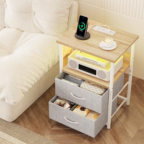 Image of Fixwal Night Stand with Charging Station, LED Nightstand with U-S-B Ports and Outlets, 2 Fabric Storage Drawers with PU Finish, Small Bedside Table, Natural Oak & Light Grey