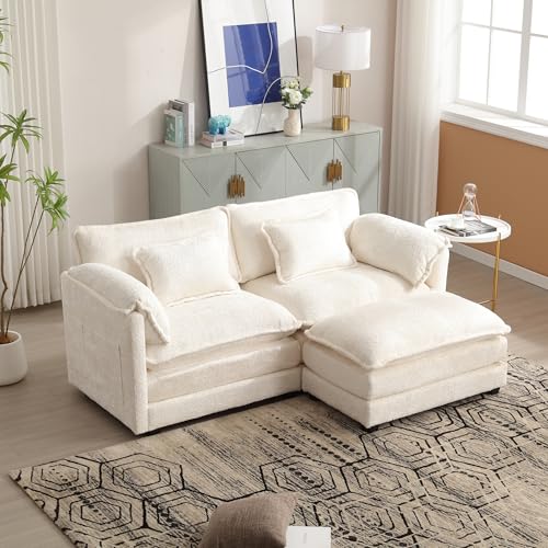 YESGIGA Sofá moderno minimalista de 2 plazas con reposapiés, tela de chenilla, con estantes laterales y cojines (beige)