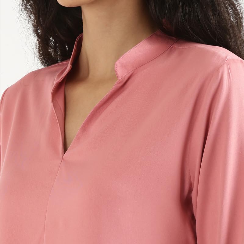 Image of SAADAA Top for Women, Viscose Pleated Tops, V-Neck with a Collar, 3 /4 Sleeve Length, Office & Casual Wear
