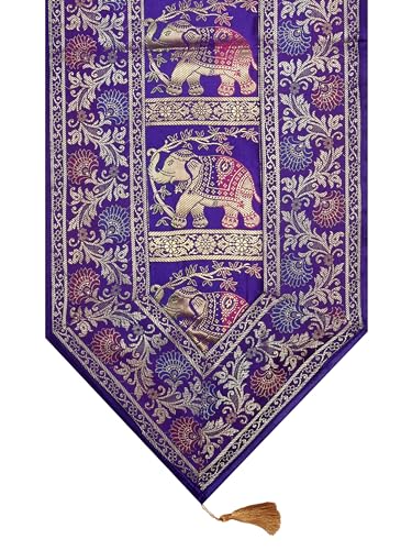 Image of Banarasi Brocade Zari Silk Table Runner Dinning & Centre Table Runner 177 By 30 CM (Purple, Elephant)