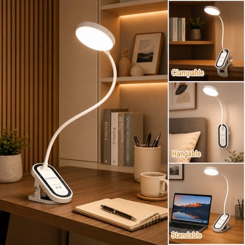 Image of One94Store FlexiClip Design Rechargeable LED Clip Lamp | Flexible Gooseneck Desk & Bedside Light | Adjustable Brightness | USB Powered Study & Reading Lamp (White)