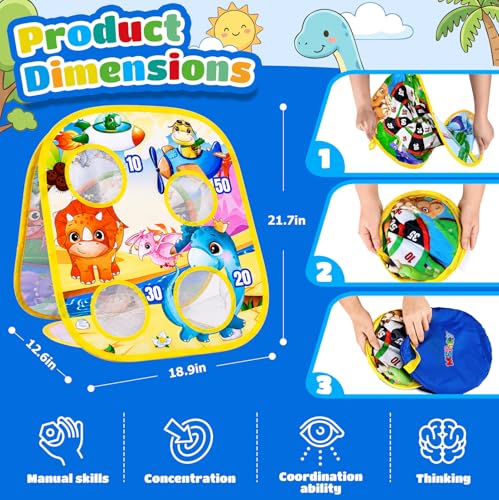 3 in 1 Bean Bag Toss Game for Kids, Dinosaur Cornhole Board with Magnetic Dart Board, Sticky Ball Tic Tac Toe, Outdoor Toys for Kids Ages 3-8, Backyard Beach Party Games Birthday Gifts for Boys Girls — view 3