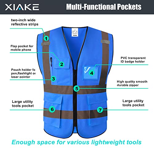 XIAKE Colete refletivo de segurança Hi Vis com bolsos e zíper para homens e mulheres, atende ao padr
