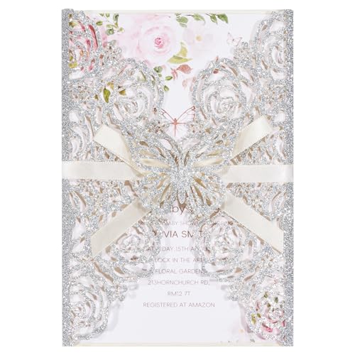 Silver Glitter Butterfly Laser Cut Wedding Invitation Accessories, Customizable Blank Invitation Cards Invitaciones Para Boda 15 AñOs Personalizados QuinceañEra Invitations Christmas Party 50pcs