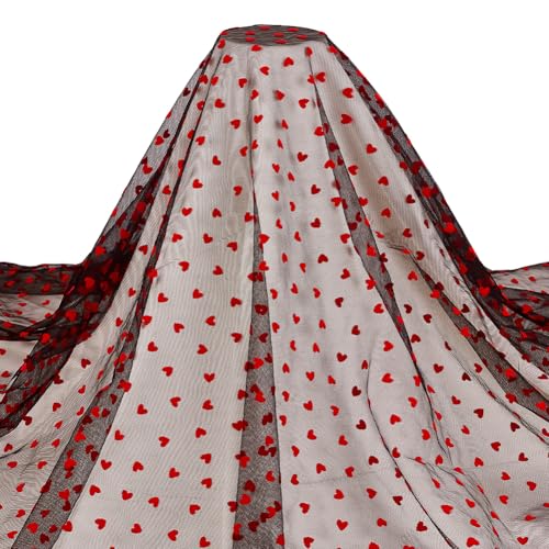 MAYJOYDIY 2 Yards63inch Red Flocking Heart Black Lace Mesh Fabric Lightweight Tulle Lovely Velvet Heart Lace Trim Fabric for DIY Wedding Tutu Valentine Decor Craft Accessories