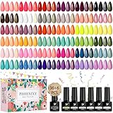 Phoenixy Gel Nail Polish Set, 36 Colours Gel Nail Polish Red Orange Purple Gel Nail Varnish Set Soak Off UV Gel Nail Kit with Glossy Matte Glitter Base Top Coat Gift for Woman