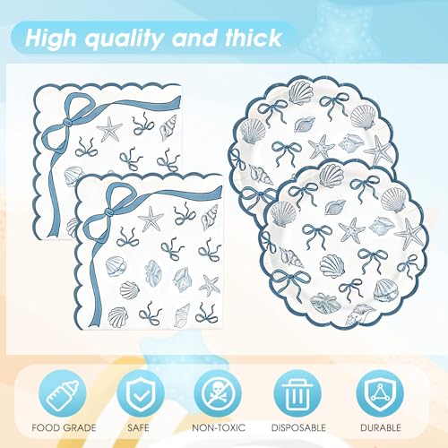 Image of 40PCS Seashell Birthday Party Decorations Blue Bow Beach Style Tableware Kit Include Starfish Coral Disposable Paper Plates and Napkins,Tablecloth Set for The Summer I Turned Pretty Party Decor