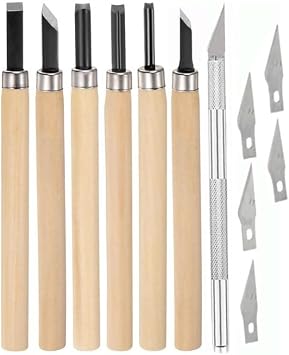 Linol Carving Set 6 Pieces 1 Package Cretory Knife Linol Carving Cutting Knife Set 6 Blades Linoleum Printing Wooden Handle