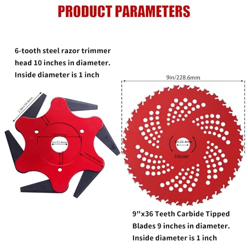 9" x36 Teeth Carbide Tipped Blades & Steel Trimmer Head 6 Steel 65Mn Razors Trimmer Head with Universal Adapter Kit, for Brush Cutter, Weed Eater