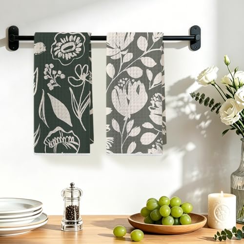Image of 2Pcs Artistic Floral Kitchen Towels, Elegant Microfiber Soft Dish Towels for Kitchen, Washcloths for Home Bathroom Farmhouse, Reusable Hand Towel Tea Towel, Housewarming Gifts for Women