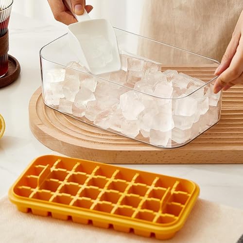 Image of Homecloud 2-Layer Ice Cube Tray with Lid & Bin - BPA-Free Square Ice Cube Molds with Scoop, Easy One-Tap Release, Space-Saving Ice Storage Container, Makes 64 Cubes (Yellow)