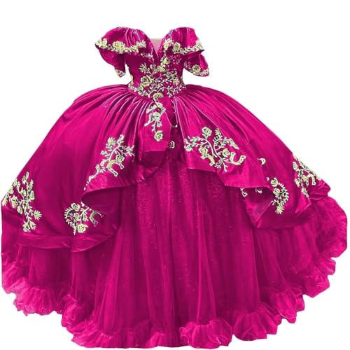 Vintage Mexican Charro Quinceanera Dresses Sweet 15 Girls Gold Embroidered Off Shoulder Party Dress 2025