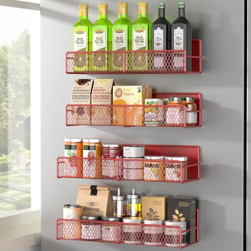 DTUQYX Magnetic Spice Rack for Refrigerator, 4 Pack 100% Metal Strong Magnet Fridge Shelves, Space Saving Spice Organizer, No Drilling Moveable Home Kitchen Laundry Room Storage Organization, Red