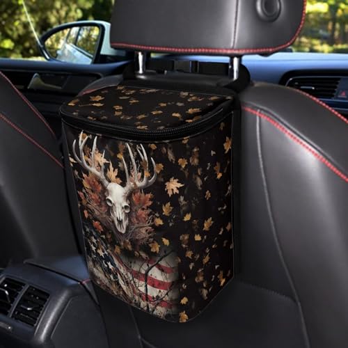Image of Talayituse Deer Skull American Flag Print Car Trash Can, Portable Auto Garbage Bin Multifunctional Vehicle Interior Accessories with Adjustable Straps Universal Fit Truck SUV Sedan