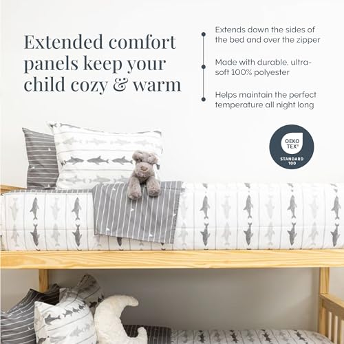 Image of Beddy's Great White Shark Durable Zipper Bedding for Kids - Bed in a Bag - Gray Striped Sheets & Comforter with Grey Sharks - Includes 2 Pillowcases & 2 Shams - Full