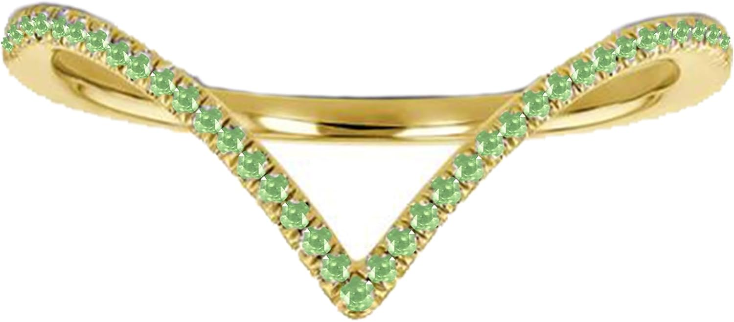 Round Cut Peridot Matching Contour Chevron V Shape Ring For Women, 14K Gold Finish August Birthstone Peridot V Shape Anniversary Wedding Band